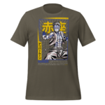 A dark-colored t-shirt features a graphic of a muscular animated character striking a pose surrounded by stylized text and geometric patterns that suggest a dynamic action scene.