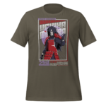 A dark olive green t-shirt features an illustration of a character in red armor making a gesture. Surrounding the figure are stylized text and graphic elements related to the anime Naruto Shippuden.