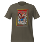 A graphic t-shirt features a colorful illustration of a muscular character with spiky hair in a red shirt and blue shorts striking a dynamic pose with action lines around him. Below is text in Japanese and English.