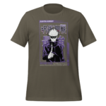 A gray t-shirt features an illustration of a character in dark clothing with glasses and white hair holding a finger to a flame set against a colorful background with Japanese text.