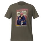 A t-shirt displays a character with pink spiky hair and a mischievous smile holding a skull. Background features vibrant colors and Japanese text highlighting a manga theme.