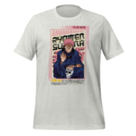 A gray t-shirt features a colorful graphic of a character with pink hair and a skull  smiling and gesturing with one hand  in a bold  stylized design with Japanese text.