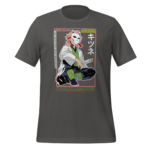 A graphic t-shirt features a character wearing a cat mask and a white coat sitting in a crouched position holding a sword with vibrant patterns on his clothing against a plain background.