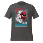 A gray t-shirt displays a colorful graphic featuring four cat faces and a red character's face with a long nose centralized. Text includes "KIMETSU NO YAIBA " "水柱 " and "SAKONJI UROKODAKI."
