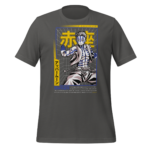A gray t-shirt features a stylized graphic of a muscular character in a fighting pose with blue and white details surrounded by textual elements in yellow and blue background patterns.