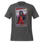 A dark gray t-shirt features an illustration of a character in red armor with long black hair and a confident pose against a geometric background with Japanese text below.