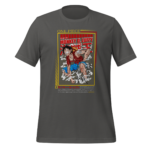 A gray t-shirt displays a vibrant graphic of Monkey D. Luffy from One Piece in an action pose surrounded by stylized waves and Japanese text including his name and series title.