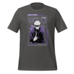 A black t-shirt features a graphic of a character with white hair and sunglasses holding a cigarette surrounded by stylized text and borders indicating the title and character name from a series.