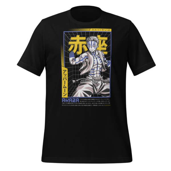A black T-shirt features a graphic of a muscular character in a dynamic pose surrounded by a grid design with Japanese text and vibrant colors highlighting the character's strength and energy.