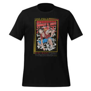 A black T-shirt features an illustration of a dynamic character in mid-action surrounded by artistic effects. The text includes "ONE PIECE" and "MONKEY D. LUFFY" along with additional Japanese writing.