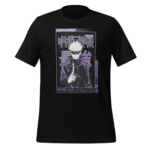 A black t-shirt features a graphic of a character with white hair and a blindfold holding a finger to his lips. The background includes Japanese text and a title. Text reads: JUJUTSU KAISEN 最強 SATORU GOJO.