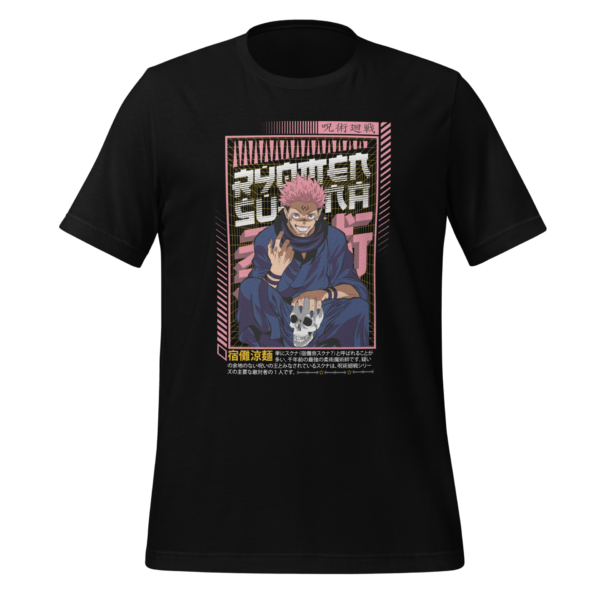 A black t-shirt features a colorful graphic of a character with pink hair smiling and holding a skull in one hand. The background includes stylized text and borders.