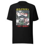 A black t-shirt features four comic-style panels displaying characters with distinct expressions and features showcasing action elements like lightning and blood with Japanese text above and below.