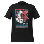A black t-shirt displays vibrant graphic art featuring stylized white and red animal faces stacked with a large red masked character. Text elements include "KIMETSU NO YAIBA" and "SAKONJI UROKODAKI" at the bottom.