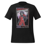 A black t-shirt displays an illustration of a character from Naruto Shippuden wearing red armor and a dark cloak gesturing confidently with a stylized background and Japanese text below.