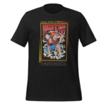 A black t-shirt features an illustration of a stylized character in red and blue  striking a dynamic pose with smoke effects around  including Japanese text and the words "ONE PIECE" and "MONKEY D. LUFFY."