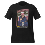 A black T-shirt displays an illustrated character with pink hair and a mischievous grin holding a skull. He wears a dark outfit  suggesting a supernatural theme with Japanese text below.