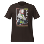 A black t-shirt features an illustrated character wearing a white coat and a mask with a cat-like face sitting in a relaxed position holding a sword against a colored background. Text includes "SABITO" and "鬼滅の刃" along with additional Japanese script.