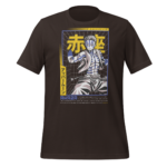 A black t-shirt features a graphic of a muscular character posing with a confident expression surrounded by a grid design and Japanese text emphasizing strength and identity.