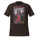 Black t-shirt features a graphic of a character from Naruto Shippuden posed assertively with a hand raised surrounded by retro-style design elements and Japanese text in the background. Text includes "うちはマダラ" and "NARUTO SHIPPUDEN".