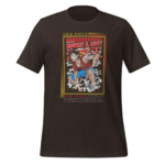 A black t-shirt features a colorful illustration of a character in dynamic action. Surrounding text includes the name "MONKEY D. LUFFY" and additional Japanese characters about the character from the series "ONE PIECE."