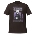 A black T-shirt features a graphic of a character with white hair and sunglasses wearing a high-collared jacket holding a finger to their lips against a purple background with text elements.