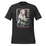 A graphic t-shirt displays a character wearing a white coat and cat mask seated with a sword in hand against a vibrant background featuring Japanese text and a stylized border.