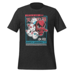 A black t-shirt features an illustrated design with four cat faces stacked with a large red masked face on top. Text includes "KIMETSU NO YAIBA" and "SAKONJI UROKODAKI" beneath.
