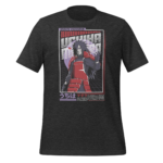 A black T-shirt displays a graphic of a character in red armor with long dark hair posing with a hand gesture surrounded by stylized text and colorful background elements representing an anime theme. Text includes "NARUTO SHIPPUDEN" and "うちはマダラ".