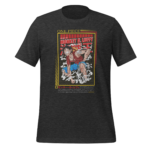 A black t-shirt features an illustration of a character in dynamic pose  with the text "ONE PIECE" and "MONKEY D. LUFFY" prominently displayed  surrounded by colorful effects and Japanese characters.