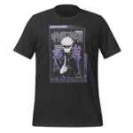 A black t-shirt displays a stylized graphic of a character with spiky white hair wearing sunglasses and a dark cloak holding a finger to his lips surrounded by Japanese text and decorative elements.