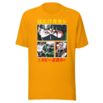 A bright yellow t-shirt displays four panels featuring stylized characters in action poses with intense expressions and vibrant designs along with Japanese text at the top and bottom of the graphic.