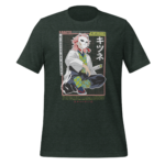 A green t-shirt features a character wearing a white coat and a masked cat face holding a sword in a seated position with colorful patterned pants against a geometric background adorned with text.