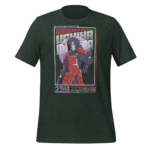 A green t-shirt features a graphic of a character in red armor making a gesture. The background includes stylized text and a border  resembling a comic book cover. Text includes "NARUTO SHIPPUDEN" and "うちは マダラ".