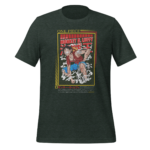 A dark green t-shirt features a colorful illustration of a character named Monkey D. Luffy in an action pose surrounded by stylized smoke and bold text elements related to the character.