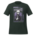 A black t-shirt features a stylized graphic of a character with white hair wearing dark sunglasses and a high-collared jacket holding a flame while text identifies the character and series.