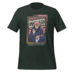 A graphic T-shirt features a character with pink spiky hair wearing a dark outfit and holding a skull while smiling. The background has colorful elements and Japanese text.