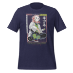 A blue t-shirt features a character with a white fox mask and pink hair sitting casually with a sword  dressed in a detailed patterned outfit  surrounded by stylized text and graphics.