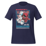 A navy t-shirt displays a graphic featuring five stylized cat faces stacked around a red humanoid character's face with a long nose in a retro design. Text is prominently displayed above and below the image.