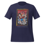 A navy blue t-shirt displays an illustration of a character in dynamic action surrounded by swirling clouds text includes "ONE PIECE" and "MONKEY D. LUFFY" along with additional Japanese text.