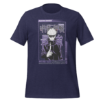 A dark blue t-shirt features a central graphic of a character from Jujutsu Kaisen holding a finger to his mouth with a determined expression surrounded by stylized text in Japanese and English.