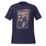 A dark blue t-shirt displays a vibrant graphic of a character with pink hair holding a skull while smiling. Text surrounding the character features Japanese characters and additional design elements.