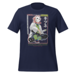 A dark blue t-shirt features a seated character wearing a white coat and a mask holding a sword with a geometric patterned outfit surrounded by stylized text and graphics related to the character's name and series.