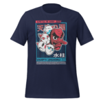 A navy blue t-shirt features a graphic design of four stylized cat faces and a red mask. Text includes "KIMETSU NO YAIBA" and "SAKONJI UROKODaki" in a retro layout.