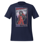 A navy t-shirt features a graphic of a character in red attire with long black hair posing with one hand raised set against a geometric background with Japanese text.