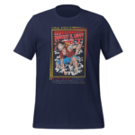 A navy t-shirt features an illustration of a character in dynamic action surrounded by white splashes with bold text above and below identifying the character as Monkey D. Luffy from One Piece.