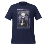 A navy blue t-shirt features a stylized graphic of a character in a black hoodie and sunglasses holding a finger up with a flame. Text reads JUJUTSU KAISEN and SATORU GOJO.
