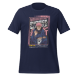 A navy blue t-shirt features an illustrated character with pink spiky hair and a skull in hand. The character is smiling and sitting while textual elements surround the image.