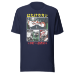 A navy t-shirt features four illustrated panels of characters displaying intense expressions and actions. Two characters have distinctive facial markings while Japanese text is prominently displayed above and below the images.