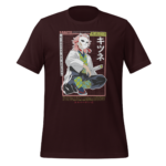 A maroon t-shirt displays an illustration of a character in a white robe and a fox mask  sitting with a sword  surrounded by text and colorful patterns.